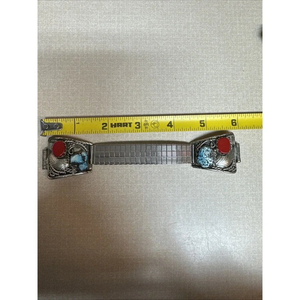 Vintage Native Sterling Silver Turquoise Coral Mens Watch Band
